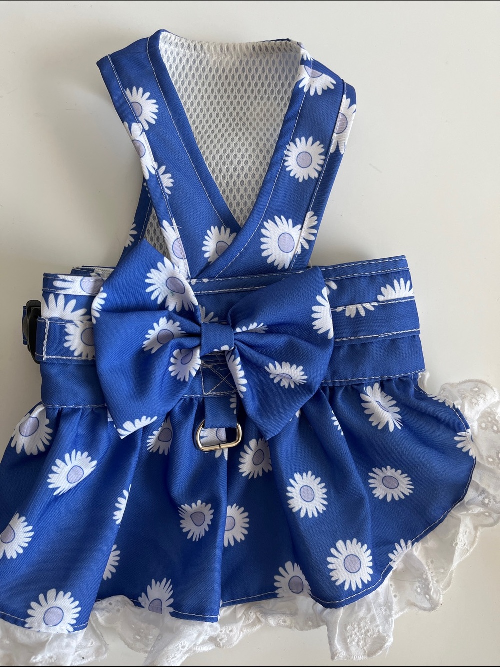Blue Daisy Print Dog Harness Dress with Bow